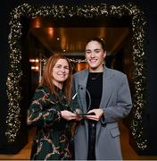 13 November 2024; Katie Murray from Waterford club Comeragh Rangers, right, is presented with The Croke Park Hotel/LGFA Player of the Month award for October 2024 by Edele O’Reilly, Director of Sales and Marketing, The Croke Park Hotel, at The Croke Park Hotel in Jones Road, Dublin. Katie scored four goals in the Waterford county final against Ballymacarbry on October 11, as Comeragh Rangers won the title for the very first time. Photo by Piaras Ó Mídheach/Sportsfile