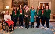14 November 2024; Team Ireland athletes and staff were invited to Áras an Uachtaráin on Thursday for an official reception hosted by President Michael D. Higgins and his wife Sabina Higgins to mark the Paris 2024 Paralympic Games. Pictured at Áras an Uachtaráin in Dublin with President Michael D Higgins and his wife Sabina Higgins, are, from left, Paralympics Ireland president Eimear Breathnach, Paralympic medallists Linda Kelly, Katie George Dunlevy, Orla Comerford, Roisin Ni Riain and Ellen Keane. Photo by Brendan Moran/Sportsfile