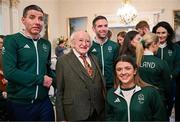 14 November 2024; Team Ireland athletes and staff were invited to Áras an Uachtaráin on Thursday for an official reception hosted by President Michael D. Higgins and his wife Sabina Higgins to mark the Paris 2024 Paralympic Games. Pictured at Áras an Uachtaráin in Dublin meeting President of Ireland Michael D Higgins, are, from left, Damien Vereker, Ronan Grimes and Nicole Turner of Team Ireland. Photo by Brendan Moran/Sportsfile
