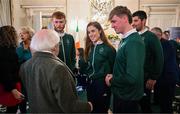 14 November 2024; Team Ireland athletes and staff were invited to Áras an Uachtaráin on Thursday for an official reception hosted by President Michael D. Higgins and his wife Sabina Higgins to mark the Paris 2024 Paralympic Games. Pictured at Áras an Uachtaráin in Dublin meeting President of Ireland Michael D Higgins, are, from left, Aaron Shorten, Katie O'Brien, Tiarnán O'Donnell and Eoin Mullen of Team Ireland. Photo by Brendan Moran/Sportsfile