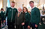 14 November 2024; Team Ireland athletes and staff were invited to Áras an Uachtaráin on Thursday for an official reception hosted by President Michael D. Higgins and his wife Sabina Higgins to mark the Paris 2024 Paralympic Games. Pictured at Áras an Uachtaráin in Dublin meeting President of Ireland Michael D Higgins, are, from left, Aaron Shorten, Katie O'Brien and Tiarnán O'Donnell of Team Ireland. Photo by Brendan Moran/Sportsfile