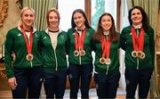 14 November 2024; Team Ireland athletes and staff were invited to Áras an Uachtaráin on Thursday for an official reception hosted by President Michael D. Higgins and his wife Sabina Higgins to mark the Paris 2024 Paralympic Games. Pictured at Áras an Uachtaráin in Dublin, are, from left, bronze medallist in athletics Orla Comerford, five-time Paralympian and two-time medallist Ellen Keane, silver and bronze medallist in swimming Roisin Ni Riain, pilot Linda Kelly and gold and silver medallist in cycling Katie George Dunlevy. Photo by Brendan Moran/Sportsfile