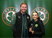 14 November 2024; Ella Kelly is presented with the Women's Under-16 International Player of the Year award by head coach Tom Elmes at the FAI National Training Centre in Abbotstown, Dublin. Photo by Piaras Ó Midheach/Sportsfile