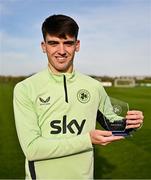 14 November 2024; Andy Moran with his Men's Under-21 Player of the Year award after a Republic of Ireland training session at the FAI National Training Centre in Abbotstown, Dublin. Photo by Ben McShane/Sportsfile