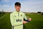 14 November 2024; Andy Moran with his Men's Under-21 Player of the Year award after a Republic of Ireland training session at the FAI National Training Centre in Abbotstown, Dublin. Photo by Ben McShane/Sportsfile