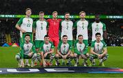 14 November 2024; The Republic of Ireland team, back row, from left, Nathan Collins, Evan Ferguson, goalkeeper Caoimhin Kelleher, Matt Doherty, Liam Scales and Festy Ebosele, with, front row, Mikey Johnston, Jason Knight, Josh Cullen, Sammie Szmodics and Callum O'Dowda before the UEFA Nations League B Group 2 match between Republic of Ireland and Finland at the Aviva Stadium in Dublin. Photo by Seb Daly/Sportsfile