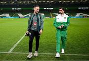 14 November 2024; FAI multimedia executive Matthew Turnbull, left, and Troy Parrott of Republic of Ireland before the UEFA Nations League B Group 2 match between Republic of Ireland and Finland at the Aviva Stadium in Dublin. Photo by Seb Daly/Sportsfile