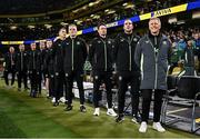 14 November 2024; Republic of Ireland head coach Heimir Hallgrimsson, right, with backroom staff, from right, assistant head coach John O'Shea, assistant coach Paddy McCarthy, goalkeeping coach Gudmundur Hreidarsson, head of athletic performance Damien Doyle, StatSport analyst Andrew Morrissey, team doctor Sean Carmody, lead physiotherapist Danny Miller, and physiotherapist Cian McCaffrey before the UEFA Nations League B Group 2 match between Republic of Ireland and Finland at the Aviva Stadium in Dublin. Photo by Seb Daly/Sportsfile