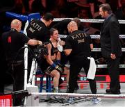 15 November 2024; Trainer Ross Enamait speaks to Katie Taylor during their undisputed super lightweight championship fight at AT&T Stadium in Arlington, Texas, USA. Photo by Stephen McCarthy/Sportsfile