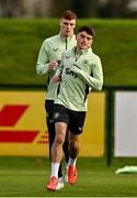 16 November 2024; Andy Moran, right, and Jake O'Brien during a Republic of Ireland training session at the FAI National Training Centre in Abbotstown, Dublin. Photo by Ben McShane/Sportsfile