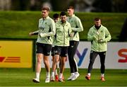 16 November 2024; Republic of Ireland players, from left, Nathan Collins, Andy Moran, Finn Azaz, Jake O'Brien and Evan Ferguson during a Republic of Ireland training session at the FAI National Training Centre in Abbotstown, Dublin. Photo by Ben McShane/Sportsfile