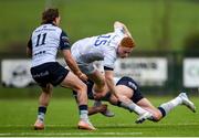 16 November 2024; Ruben Moloney of Leinster A is tackled by John Devine of Connacht Eagles during the 'A' Interprovincial rugby match between Connacht Eagles and Leinster A at Creggs RFC in Creggs, Galway. Photo by Tom Beary/Sportsfile
