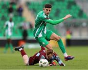 16 November 2024; Shane Farrell of Drogheda United is tackled by John O'Sullivan of Bray Wanderers during the SSE Airtricity Men's Premier Division Promotion / Relegation Play-Off match between Bray Wanderers and Drogheda United at Tallaght Stadium in Dublin. Photo by Thomas Flinkow/Sportsfile