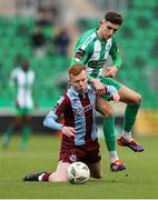 16 November 2024; Shane Farrell of Drogheda United is tackled by John O'Sullivan of Bray Wanderers during the SSE Airtricity Men's Premier Division Promotion / Relegation Play-Off match between Bray Wanderers and Drogheda United at Tallaght Stadium in Dublin. Photo by Thomas Flinkow/Sportsfile