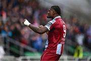 16 November 2024; Frantz Pierrot of Drogheda United celebrates after scoring his side's second goal during the SSE Airtricity Men's Premier Division Promotion / Relegation Play-Off match between Bray Wanderers and Drogheda United at Tallaght Stadium in Dublin. Photo by Ben McShane/Sportsfile
