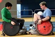 16 November 2024; Stevie Kane, right, tries out wheelchair rugby with the help of Ireland wheelchair rugby international Chris Meneilly during the PTSB NextGen Community Series at the National Indoor Arena on the Sport Ireland Campus in Dublin. Paralympics Ireland hosted the latest in the PTSB NextGen Community Series at the Sport Ireland National Indoor Arena on Saturday. This programme is open to people over 10 with a visual, intellectual, or physical impairment, allowing them to ‘come and try’ Para sports and learn about opportunities in their local areas. Photo by Seb Daly/Sportsfile