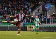 16 November 2024; Frantz Pierrot of Drogheda United shoots to score his side's third goal during the SSE Airtricity Men's Premier Division Promotion / Relegation Play-Off match between Bray Wanderers and Drogheda United at Tallaght Stadium in Dublin. Photo by Thomas Flinkow/Sportsfile