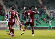 16 November 2024; Frantz Pierrot of Drogheda United celebrates after scoring his side's third goal during the SSE Airtricity Men's Premier Division Promotion / Relegation Play-Off match between Bray Wanderers and Drogheda United at Tallaght Stadium in Dublin. Photo by Thomas Flinkow/Sportsfile
