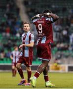 16 November 2024; Frantz Pierrot of Drogheda United celebrates after scoring his side's third goal during the SSE Airtricity Men's Premier Division Promotion / Relegation Play-Off match between Bray Wanderers and Drogheda United at Tallaght Stadium in Dublin. Photo by Thomas Flinkow/Sportsfile