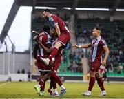 16 November 2024; Frantz Pierrot of Drogheda United celebrates with teammates after scoring his side's third goal during the SSE Airtricity Men's Premier Division Promotion / Relegation Play-Off match between Bray Wanderers and Drogheda United at Tallaght Stadium in Dublin. Photo by Thomas Flinkow/Sportsfile