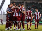 16 November 2024; Frantz Pierrot of Drogheda United, 9, celebrates with teammates after scoring his side's third goal during the SSE Airtricity Men's Premier Division Promotion / Relegation Play-Off match between Bray Wanderers and Drogheda United at Tallaght Stadium in Dublin. Photo by Thomas Flinkow/Sportsfile