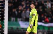 16 November 2024; Bray Wanderers goalkeeper Jimmy Corcoran reacts after conceding his side's third goal during the SSE Airtricity Men's Premier Division Promotion / Relegation Play-Off match between Bray Wanderers and Drogheda United at Tallaght Stadium in Dublin. Photo by Ben McShane/Sportsfile