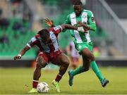 16 November 2024; Frantz Pierrot of Drogheda United in action against Cole Omorehiomwan of Bray Wanderers during the SSE Airtricity Men's Premier Division Promotion / Relegation Play-Off match between Bray Wanderers and Drogheda United at Tallaght Stadium in Dublin. Photo by Thomas Flinkow/Sportsfile