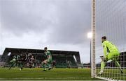 16 November 2024; Frantz Pierrot of Drogheda United shoots to score his side's third goal during the SSE Airtricity Men's Premier Division Promotion / Relegation Play-Off match between Bray Wanderers and Drogheda United at Tallaght Stadium in Dublin. Photo by Thomas Flinkow/Sportsfile
