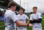 16 November 2024; Leinster players, from left, Niall Smyth, Alex Usanov and Ciarán Mangan after the 'A' Interprovincial rugby match between Connacht Eagles and Leinster A at Creggs RFC in Creggs, Galway. Photo by Tom Beary/Sportsfile