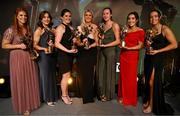 16 November 2024; Kerry 2024 TG4 Allstars winners, from left, Louise Ní Mhuircheartaigh, Anna Galvin, Anna Maria O'Donoghue representing Niamh Carmody, Ciara Butler, Kayleigh Cronin, Aishling O’Connell and Danielle O’Leary with their awards during the TG4 Ladies Football All Stars Awards banquet, in association with Lidl, at the Bonnington Dublin Hotel in Dublin. Photo by Brendan Moran/Sportsfile