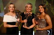 16 November 2024; Armagh 2024 TG4 Allstarswinners, from left, Aoife McCoy, Michelle McArdle, representing her daughter Lauren McConville of Armagh and Grace Ferguson with their awards during the TG4 Ladies Football All Stars Awards banquet, in association with Lidl, at the Bonnington Dublin Hotel in Dublin.  Photo by Brendan Moran/Sportsfile