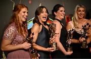 16 November 2024; Kerry 2024 TG4 Allstars winners, from left, Louise Ní Mhuircheartaigh, Anna Galvin, Anna Maria O'Donoghue representing Niamh Carmody and Ciara Butler with their awards during the TG4 Ladies Football All Stars Awards banquet, in association with Lidl, at the Bonnington Dublin Hotel in Dublin. Photo by Piaras Ó Mídheach/Sportsfile