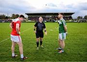 17 November 2024; Referee James Molloy with team captains Niall Daly of Pádraig Pearses, left, and Shane Quinn of Mohill before the AIB Connacht GAA Senior Club Football Championship semi-final match between Mohill and Pádraig Pearses at Seán O'Heslin Memorial Park in Ballinamore, Leitrim. Photo by Seb Daly/Sportsfile
