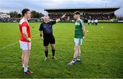 17 November 2024; Referee James Molloy with team captains Niall Daly of Pádraig Pearses, left, and Shane Quinn of Mohill before the AIB Connacht GAA Senior Club Football Championship semi-final match between Mohill and Pádraig Pearses at Seán O'Heslin Memorial Park in Ballinamore, Leitrim. Photo by Seb Daly/Sportsfile