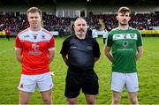 17 November 2024; Referee James Molloy with team captains Niall Daly of Pádraig Pearses, left, and Shane Quinn of Mohill before the AIB Connacht GAA Senior Club Football Championship semi-final match between Mohill and Pádraig Pearses at Seán O'Heslin Memorial Park in Ballinamore, Leitrim. Photo by Seb Daly/Sportsfile