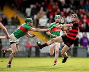 17 November 2024; Kevin Mahony of Ballygunner has a shot on goal blocked by Brian McGrath of Loughmore-Castleiney during the AIB Munster GAA Senior Club Hurling Championship semi-final match between Loughmore-Castleiney and Ballygunner at Walsh Park in Waterford. Photo by Michael P Ryan/Sportsfile