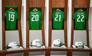 17 November 2024; The jerseys of, from left, Tom Cannon, Mark McGuinness, Festy Ebosele and Nathan Collins of Republic of Ireland are seen in the dressing room before the UEFA Nations League B Group 2 match between England and Republic of Ireland at Wembley Stadium in London, England. Photo by Stephen McCarthy/Sportsfile