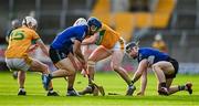 17 November 2024; Oisín O'Connor, left, and Steven Conway of Feakle in action against Conor O’Sullivan and Bryan Murphy of Sarsfields during the AIB Munster GAA Senior Club Hurling Championship semi-final match between Sarsfields and Feakle at Supervalu Páirc Uí Chaoimh in Cork. Photo by Brendan Moran/Sportsfile