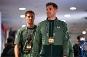17 November 2024; Nathan Collins, right, and Mark McGuinness of Republic of Ireland arrive before the UEFA Nations League B Group 2 match between England and Republic of Ireland at Wembley Stadium in London, England. Photo by Stephen McCarthy/Sportsfile