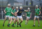 17 November 2024; Michael Walsh of St Mullins in action against Conor Mahon of Kilcormac-Killoughey during the AIB Leinster GAA Senior Club Hurling Championship quarter-final match between St Mullins and Kilcormac-Killoughey at Netwatch Cullen Park in Carlow. Photo by Matt Browne/Sportsfile