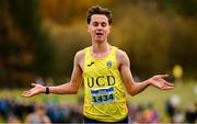 17 November 2024; Jonas Stafford of UCD, Dublin, celebrates winning the Boy's U18 race during the 123.ie National Senior, Junior and Juvenile Even Age Cross Country Championships at Castle Irvine Estate in Irvinestown, Fermanagh. Photo by Ramsey Cardy/Sportsfile
