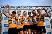 17 November 2024; Members of the winning Senior Women's team, Leevale AC, Cork; from left to right, Michelle Kenny, Hannah Steeds, Niamh Allen, Lizzie Lee, Sinead O'Connor, Claire McCarthy; during the 123.ie National Senior, Junior and Juvenile Even Age Cross Country Championships at Castle Irvine Estate in Irvinestown, Fermanagh. Photo by Ramsey Cardy/Sportsfile