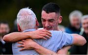 17 November 2024; Keelan Kilrehill of Moy Valley AC, Mayo, is congratulated by his Dad, Brendan, after winning the Senior Men's race during the 123.ie National Senior, Junior and Juvenile Even Age Cross Country Championships at Castle Irvine Estate in Irvinestown, Fermanagh. Photo by Ramsey Cardy/Sportsfile