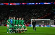 17 November 2024; The Republic of Ireland team, back row, from left, Nathan Collins goalkeeper Caoimhin Kelleher, Mark McGuinness, Dara O'Shea, Liam Scales and Evan Ferguson, with front row, from left, Festy Ebosele, Sammie Szmodics, Josh Cullen, Jayson Molumby and Callum O'Dowda before the UEFA Nations League B Group 2 match between England and Republic of Ireland at Wembley Stadium in London, England. Photo by Harry Murphy/Sportsfile
