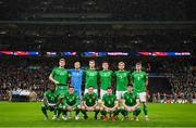 17 November 2024; The Republic of Ireland team, back row, from left, Nathan Collins goalkeeper Caoimhin Kelleher, Mark McGuinness, Dara O'Shea, Liam Scales and Evan Ferguson, with front row, from left, Festy Ebosele, Sammie Szmodics, Josh Cullen, Jayson Molumby and Callum O'Dowda before the UEFA Nations League B Group 2 match between England and Republic of Ireland at Wembley Stadium in London, England. Photo by Stephen McCarthy/Sportsfile