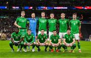 17 November 2024; The Republic of Ireland team, back row, from left, Nathan Collins goalkeeper Caoimhin Kelleher, Mark McGuinness, Dara O'Shea, Liam Scales and Evan Ferguson, with front row, from left, Festy Ebosele, Sammie Szmodics, Josh Cullen, Jayson Molumby and Callum O'Dowda before the UEFA Nations League B Group 2 match between England and Republic of Ireland at Wembley Stadium in London, England. Photo by Stephen McCarthy/Sportsfile