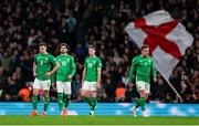 17 November 2024; Republic of Ireland players, from left, Jayson Molumby, Troy Parrott, Mark McGuinness and Sammie Szmodics react after his side concede their fourth goal during the UEFA Nations League B Group 2 match between England and Republic of Ireland at Wembley Stadium in London, England. Photo by Harry Murphy/Sportsfile