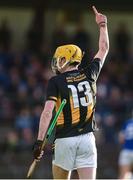 17 November 2024; David O'Reilly of Castletown Geoghegan celebrates after scoring a point during the AIB Leinster GAA Senior Club Hurling Championship quarter-final match between Castletown Geoghegan and Thomastown at TEG Cusack Park in Mullingar, Westmeath. Photo by Tom Beary/Sportsfile