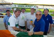 25 August 2004; Irish athletics fans, from left, Hughie McGovern, Cavan, Eric Hayward, Dublin, Harry Gorman, Dublin, Matt Rudden, Cavan, PJ Lonergan, Dublin and Sean Callan, Louth, pictured in the Olympic Sradium. Games of the XXVIII Olympiad, Athens Summer Olympics Games 2004, Athens, Greece. Picture credit; Brendan Moran / SPORTSFILE