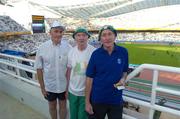 25 August 2004; Irish Athletics fans, from left, Matt Rudden, Cavan, Harry Gorman, Dublin and Sean Callan, Louth, pictured in the Olympic Stadium. Games of the XXVIII Olympiad, Athens Summer Olympics Games 2004, Athens, Greece. Picture credit; Brendan Moran / SPORTSFILE